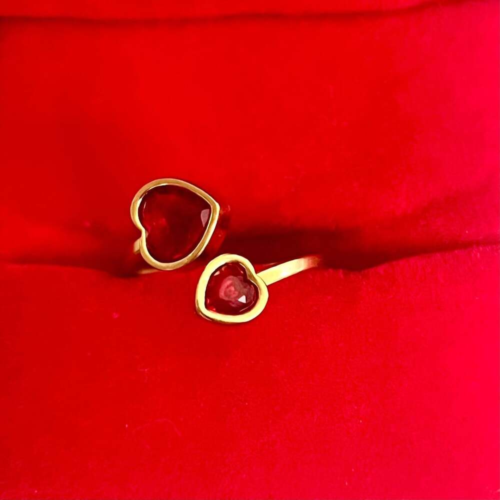 Double Red Heart Adjustable Gold Stainless Steel Ring Size 6-9